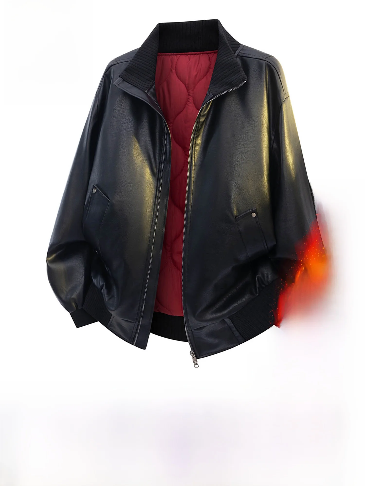 

Warm Fce Lined Thiened Loose Fit Stand Collar Leather Jaet for Men Jeanswest Casual Sle Zipper Closure Long Sve Coat