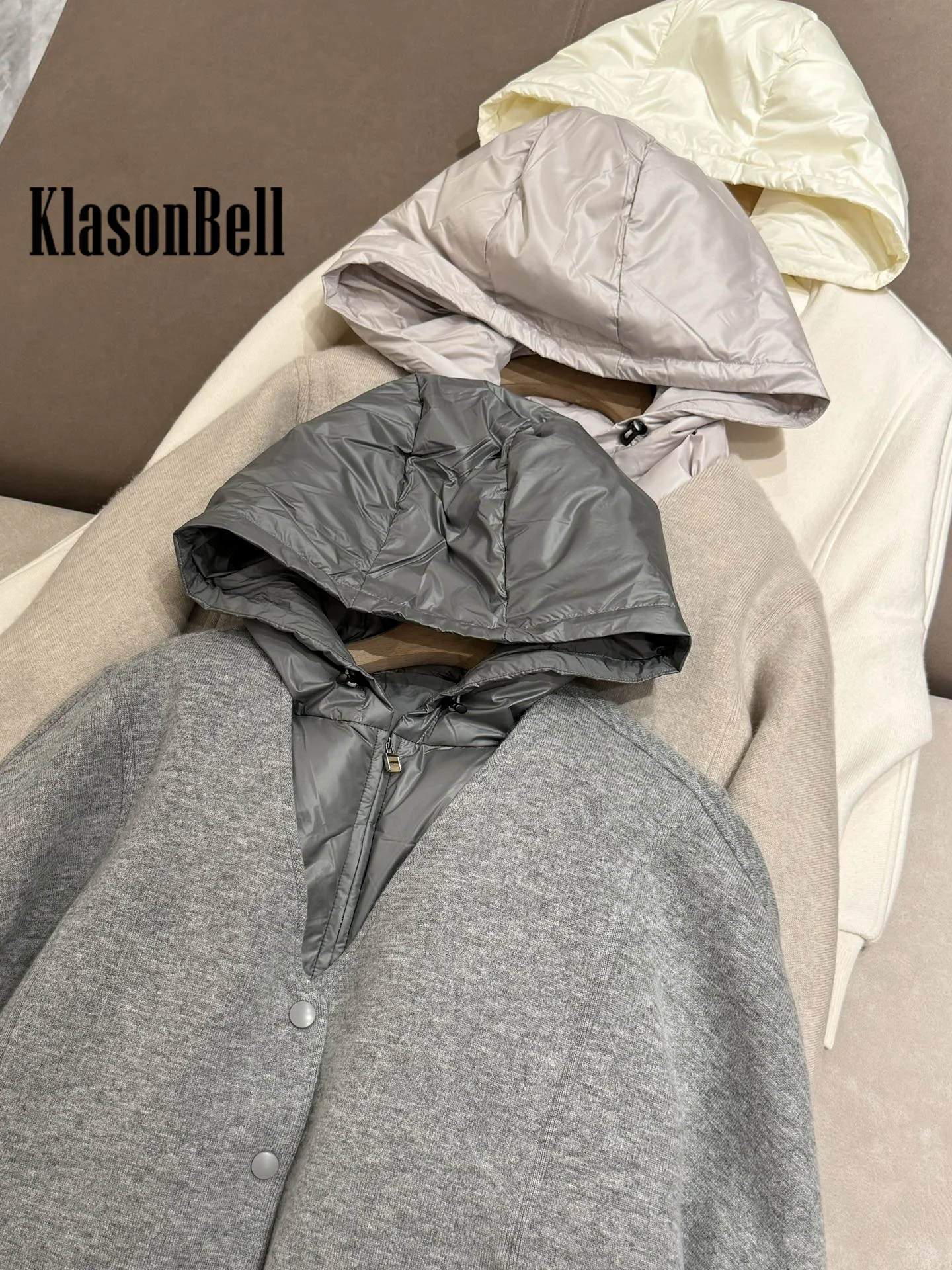 9.24 KlasonBell Women Autumn Winter Keep Warm Goose Down Hooded Vest + Cashmere Knitted Long Sleeve Jacket Coat 2 Piece Set