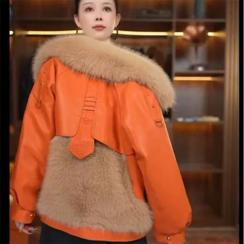 여성용 겨울 따뜻한 두꺼운 새해 전투복 스타일리시한 모피 칼라 스타일 오버코트 패션 PU 가죽 재킷