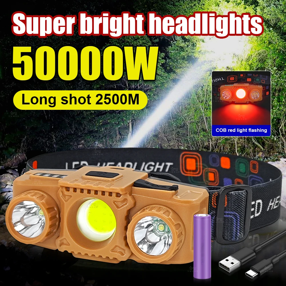 

50000W Headlamp Red Blue Warning Powerful HeadLight Camping Fishing Head Flashlight Running Hiking Headlamp LED USB Rechargeable