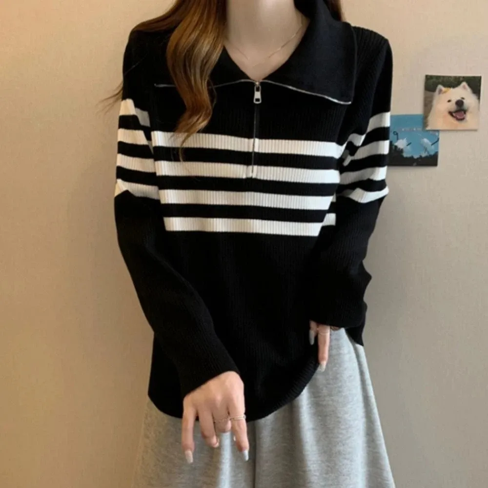 الكورية نمط طويل الأكمام متماسكة شريطية سترة سستة سليم صالح محبوك المحاصيل الأعلى لينة الخريف الشتاء الكروشيه تريكو النساء