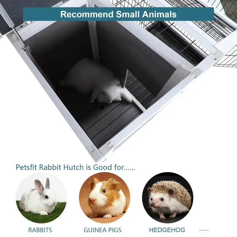 قفص أرنب خشبي بطبقتين للحيوانات الأليفة الصغيرة مع مدرج وصينية مانعة للتسرب، استخدام داخلي رمادي خارجي، واسع ومتين، #3