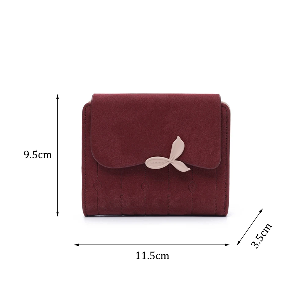 Soft PU Leather Short Wallet Women Chic Compact Wallet with Leaf Buckle Zipper Foldable Multi-Function Coin Purse