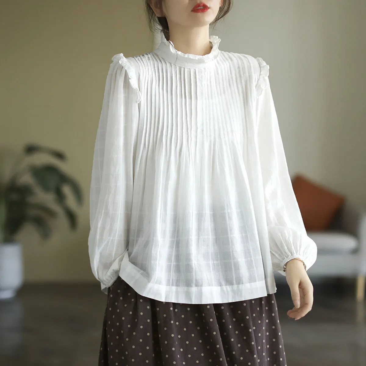 New Autumn Cotton Long Sleeve Shirt, Women Stand Ruffles Top, Mori Girl OL Literature Sweet Loose Blouses, 2024 Winter T48865QC