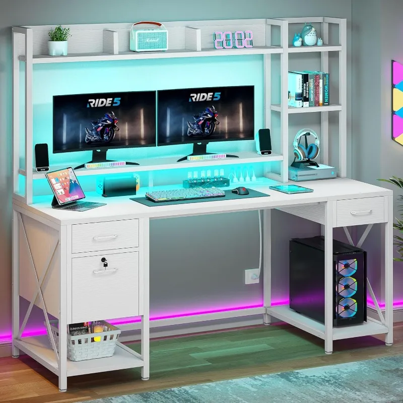 Computer desk with drawers and cabinets, 59.1 inch desk with power sockets and LED lights, home desk