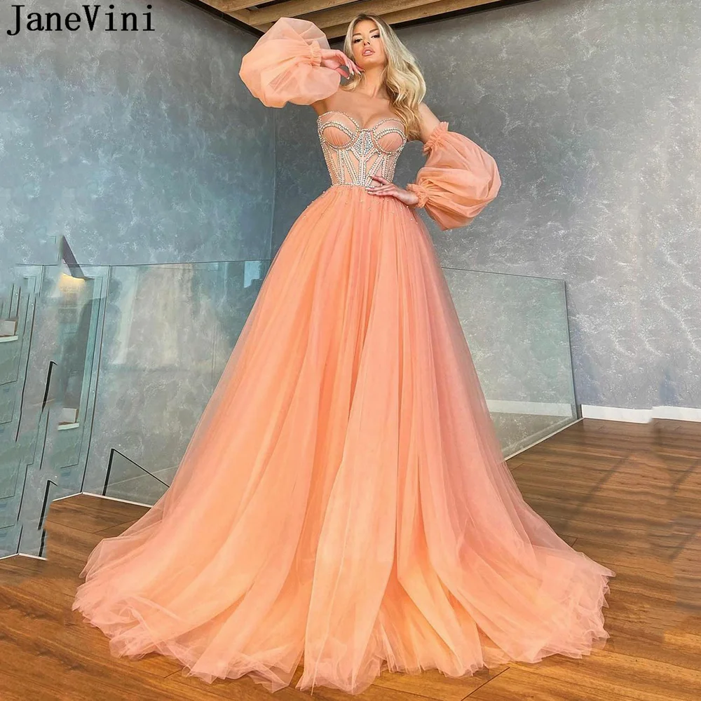 JaneVini Sparkly Rhinestones Corset Prom Dress with Detachable Sleeves Puffy Tulle Evening Dresses Long Luxury 2021 Party Gown