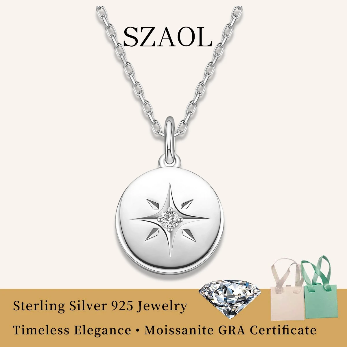 

Luxury 925 Silver Round Medallion With Star Pendant 2mm Moissanite Necklace For Women Yellow Gold Color Chain Party Jewelry Gift