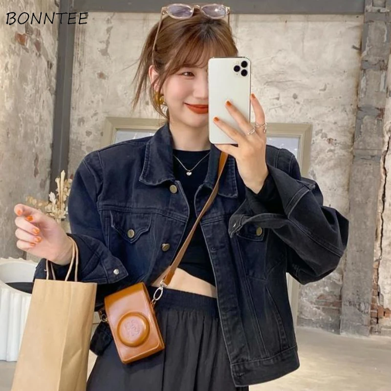 

Denim Jackets Basic Cropped Stylish Simple All-match Casual Daily Korean Style Colleges Retro Classic Straight Spring Clothes