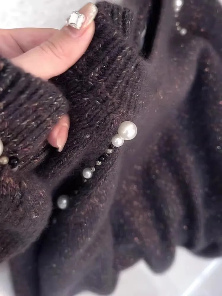 Korean Sle round Ne Beaded Knitted Sweater Women's Autumn High-End Sensation New Faion Casual Versatile Long Sve Top