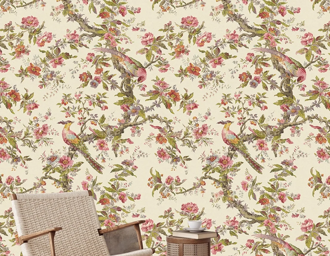 French hand-painted floral mural light luxury wallpaper living room TV background wall bedroom high-end customized wallpaper