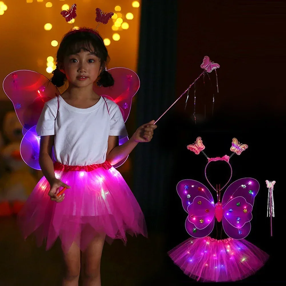 Camadas duplas LED piscando luz para meninas, fada borboleta asa, varinha, headband, fantasia, presente do brinquedo, decoração do Dia das Bruxas, 3 PCs por conjunto, 4PCs por conjunto