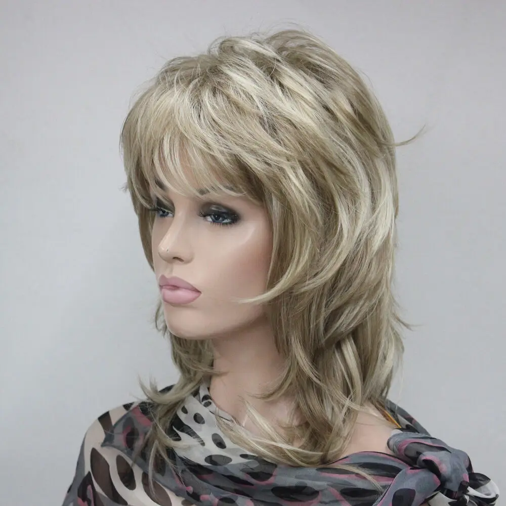 

honey ash blond mix blond highlights layered medium length synthetic women's wig