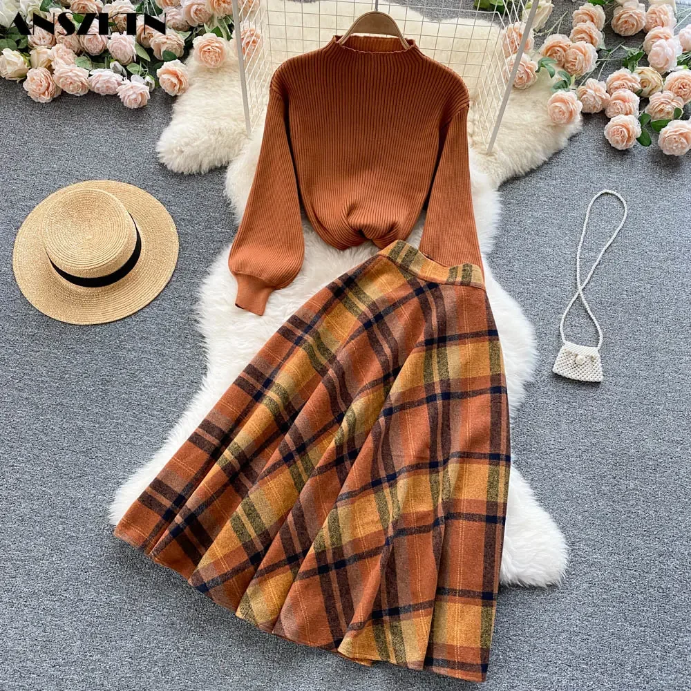 Custom Women\'s Autumn Winter ANSZKTN Knitted Wool Brown Blouse And Short Winter Brown Skirt Two Pieces