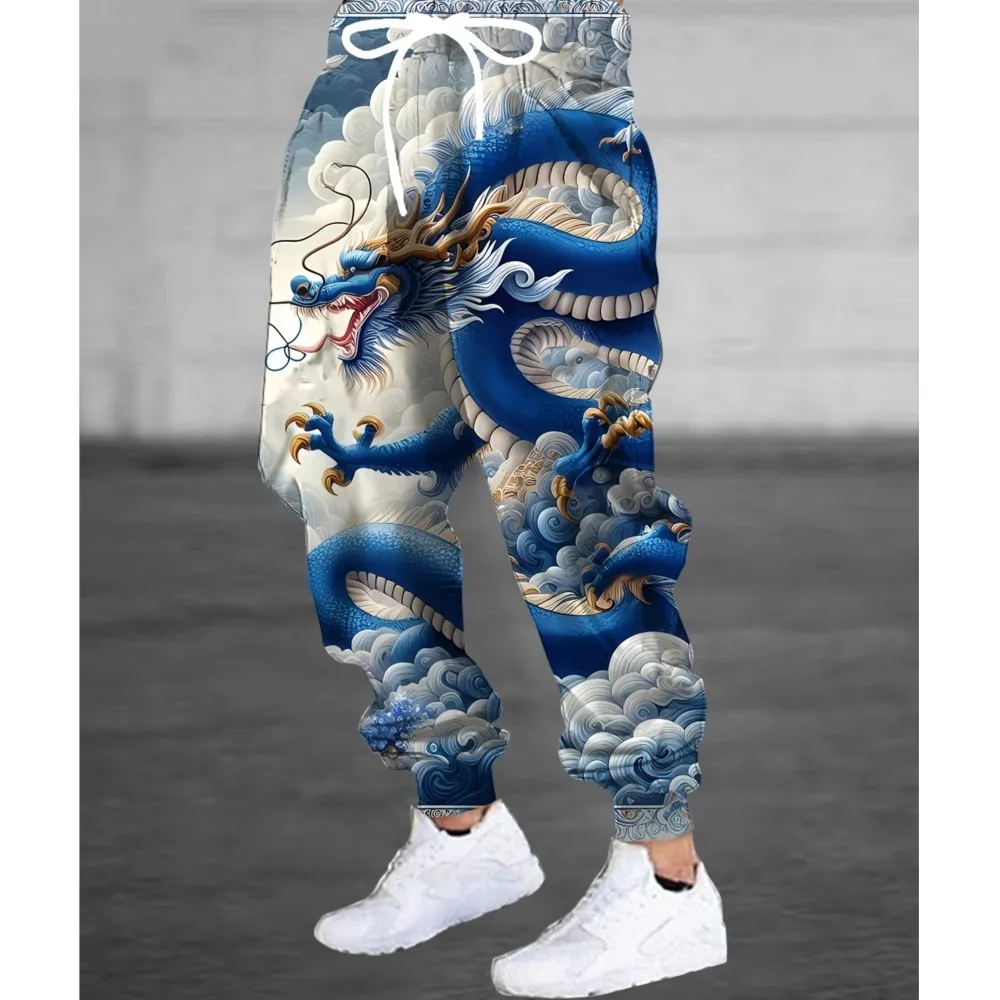 

Уличные брюки с 3D принтом синего дракона, мужские спортивные штаны с боковыми карманами и эластичными шнурками, брюки для бега для мужчин, повседневные брюки, осень