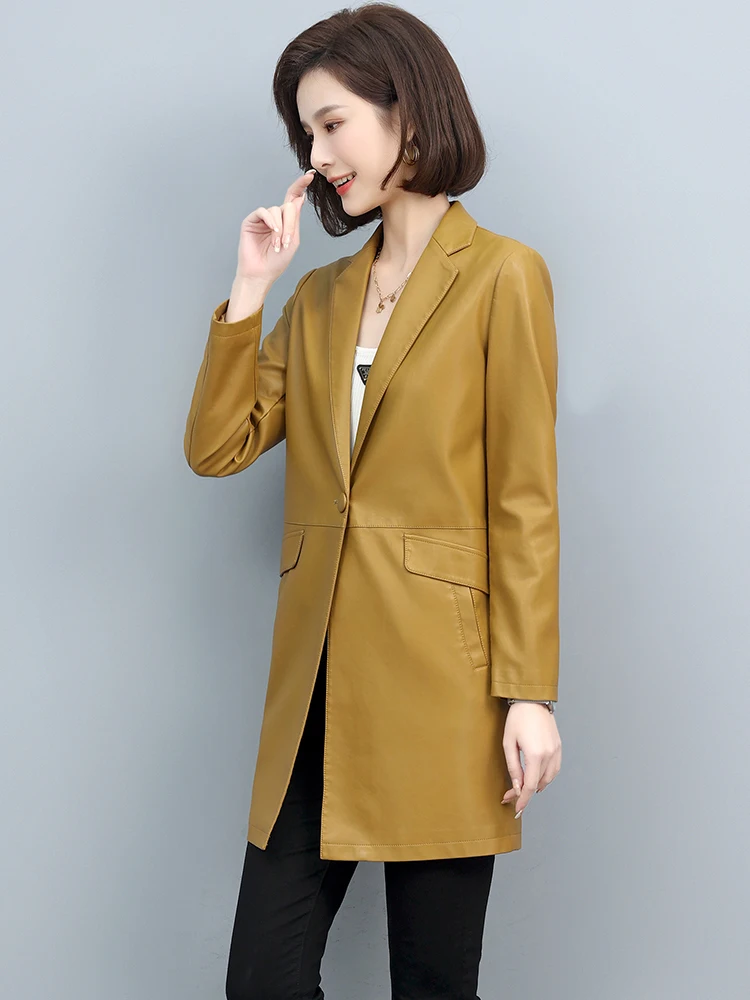 Nouvelle Femmes Élégant Femme de bureau Un bouton Cuir blazer Printemps automne 2024 Col cranté à la mode Manche longue Manteau en peau de mouton pour dames