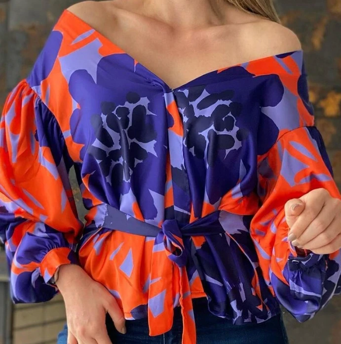 

Spliced Off Shoulder Top New Hot Selling Fashion Casual Long Sleeved Colorful Printed Loose Lace Up Top