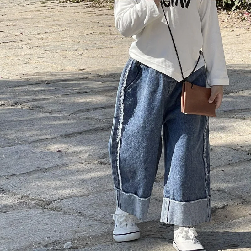 

Children's Jeans New Autumn Girls Fashionable Stylish Straight Wide Leg Loose Long Pants