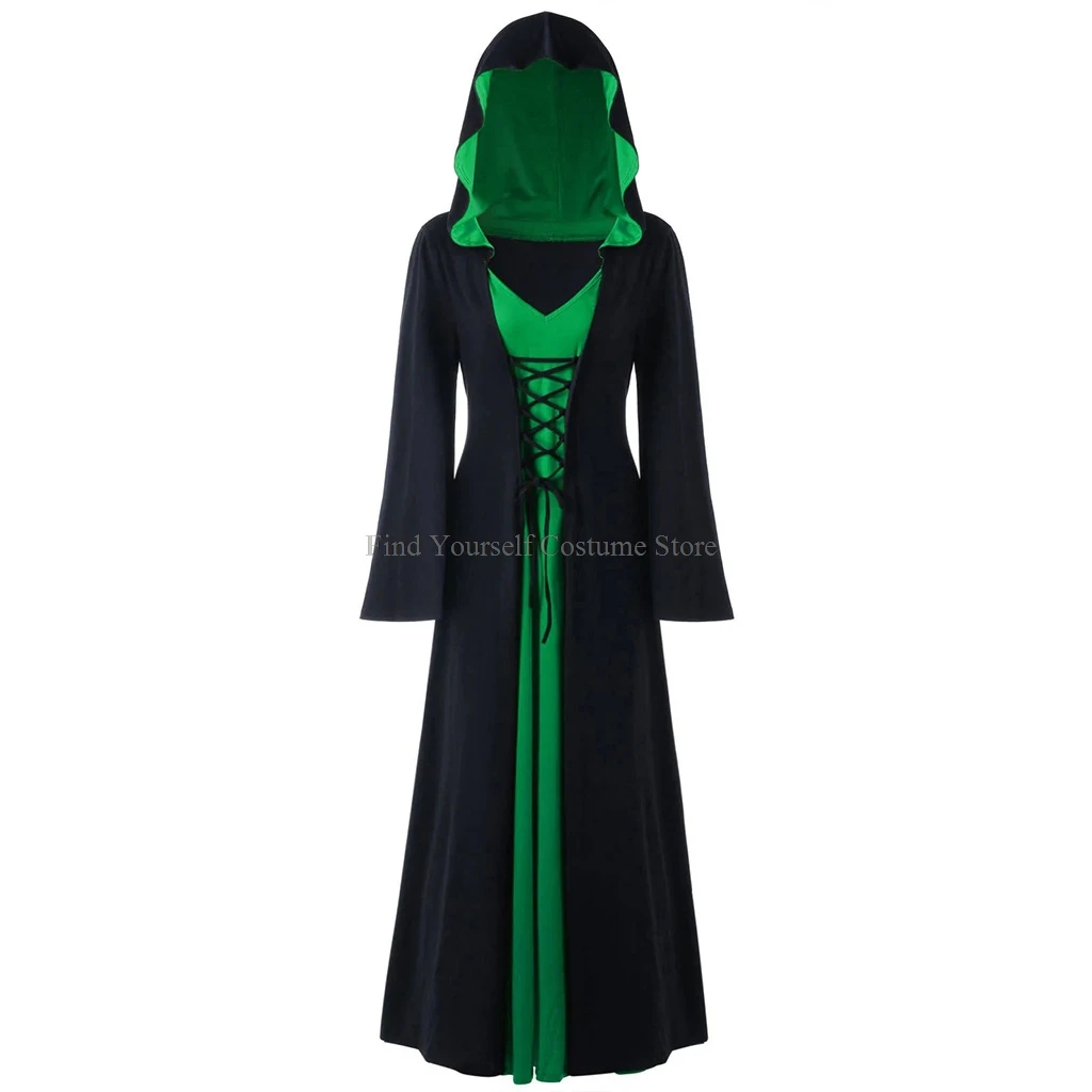 Medieval Dress For Women Lace-up Vintage Hooded Cloak Robe Adult Costume Retro Cosplay Halloween Scary Vampire Witch Long Dress