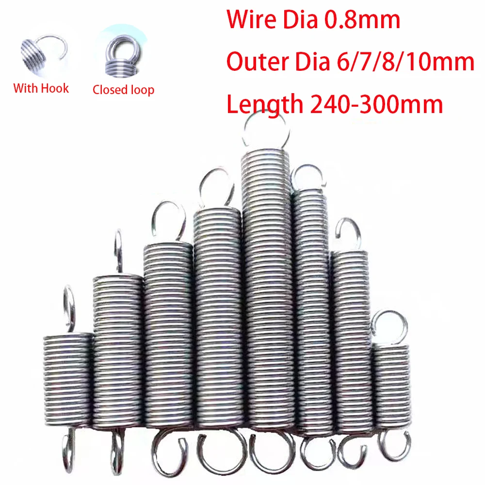 1pcs Closed loop/With Hook Extension Springs L 240-300mm Wire Dia 0.8mm Outer Dia 6/7/8/10mm 304 Stainless Steel Tension Spring