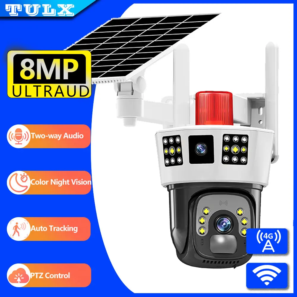 

LZJV WiFi/4G 8MP Solar Camera 4K UHD Dual Lens Outdoor Security Surveillance Camera Solar Panel Human Detection PTZ CCTV Camera