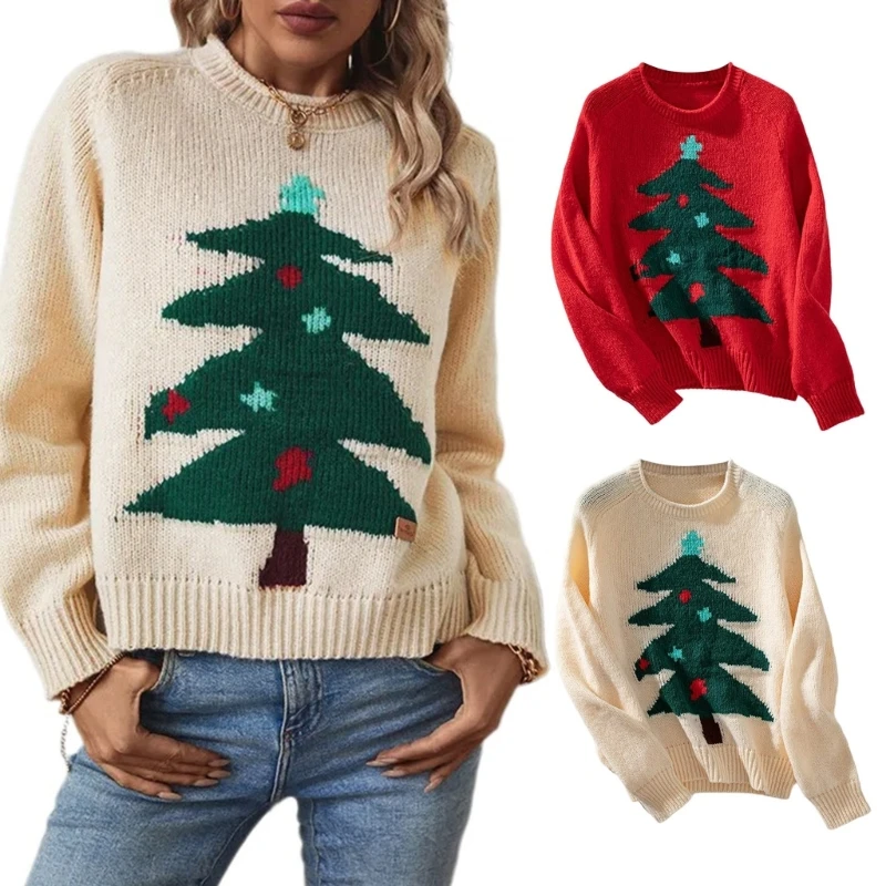 Women's Christmas Tree Pattern Pullover Sweater with Round Neck for Holiday Parties Long Sleeve Knit Loose Jumper Top