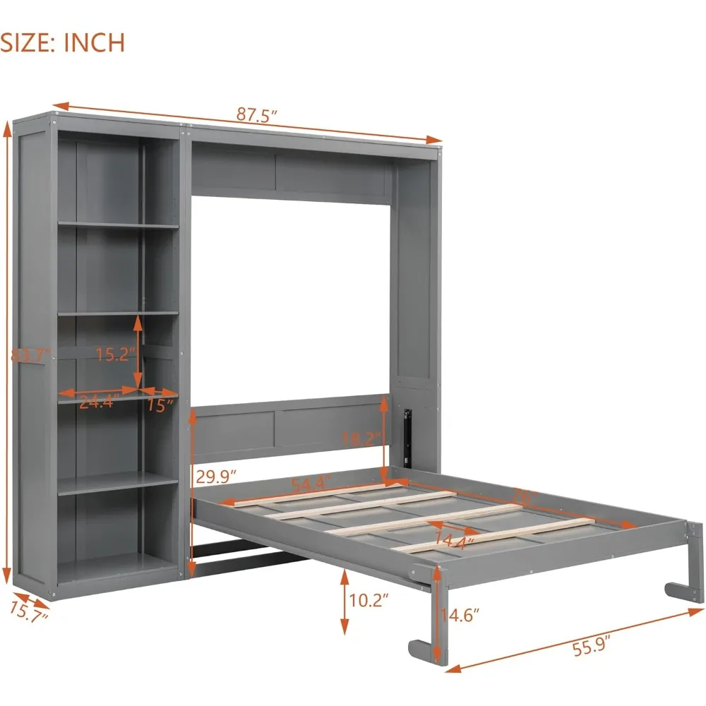 Full Size Murphy Bed, Wooden Full Wall Bed Frame with Shelf, Full Size Murphy Cabinet Bed, For Family, Small Room, Grey