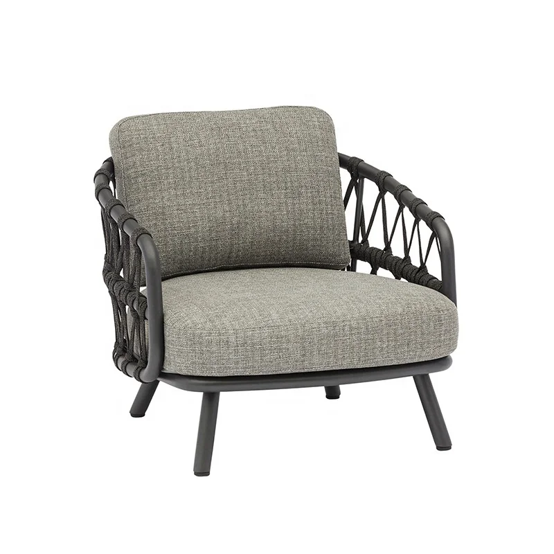 

#Outdoor Rope Weaving Sofa Set Black Aluminum Frame Light Gray Cushions Weather Resistant Patio Furniture for Backyard