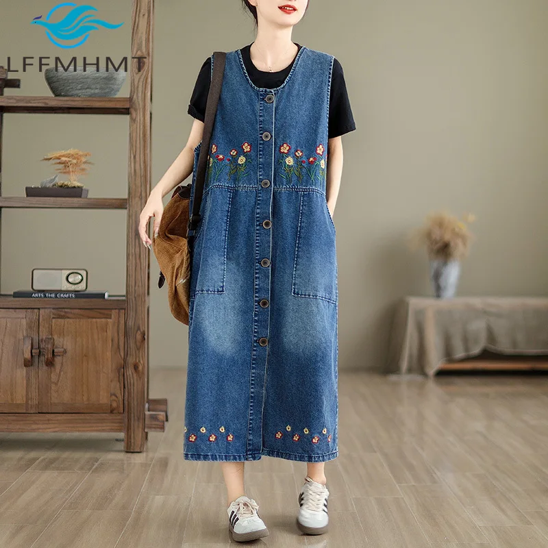 

Flower Embroidery Women's Denim Dress Summer Fashion Good Quality Vintage Blue Big Pocket Patchwork Female Casual Frocks