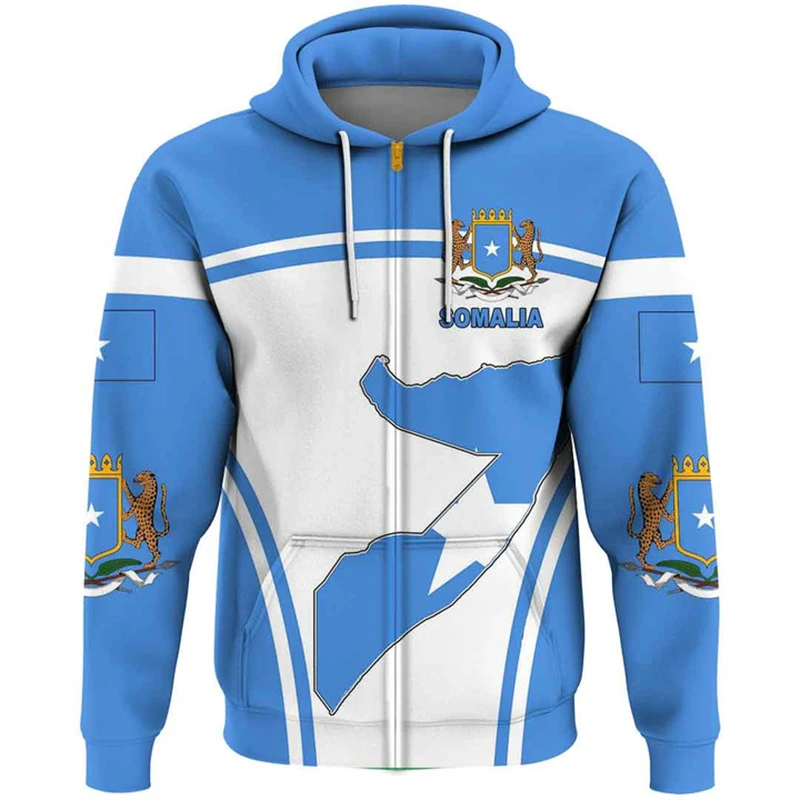 Africa Somalia Flag Map 3D Print Zip Up Hoodie For Men Clothes National Emblem Graphic Sweatshirts Casual Boy Tracksuit Kids Top