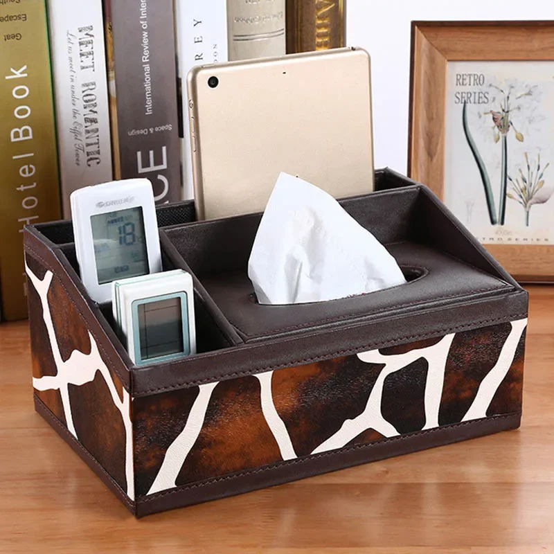 PU Leather Tissue Box Cover Desk Makeup Cosmetic Organizer Remote Controller Phone Holder Home Office Tissue Paper Napkin Holder