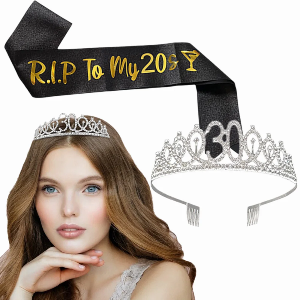 30th Birthday Banner Sash and Tiara Funny 30th Birthday Gift RIP to My 20s Sash to My Youth 30 Years Old Birthday Party Decorati - view 2