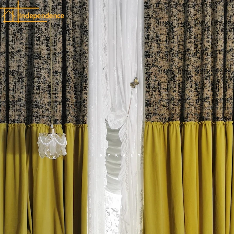 

Custom Retro Ginger Jacquard Velvet Patchwork Curtains for Living Room Bedroom French Window Balcony Villa Partition Lace Tulle