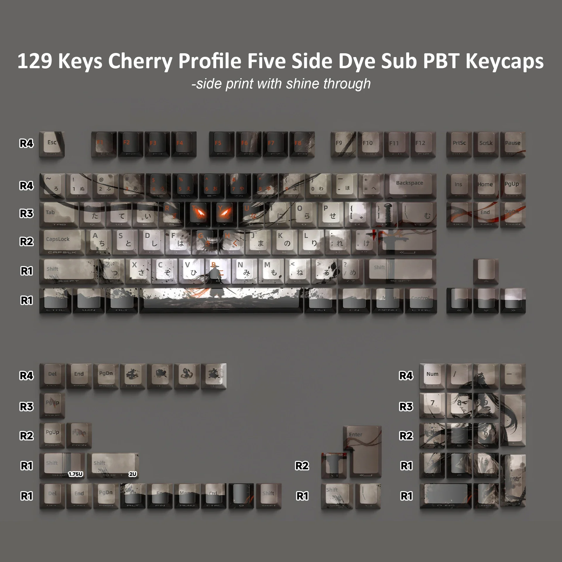 

129 Keys Swordsman PBT Keycap Side Thermal Sublimation Cherry Profile MX Switch Gaming Keyboard Accessories for Wotting MAD68