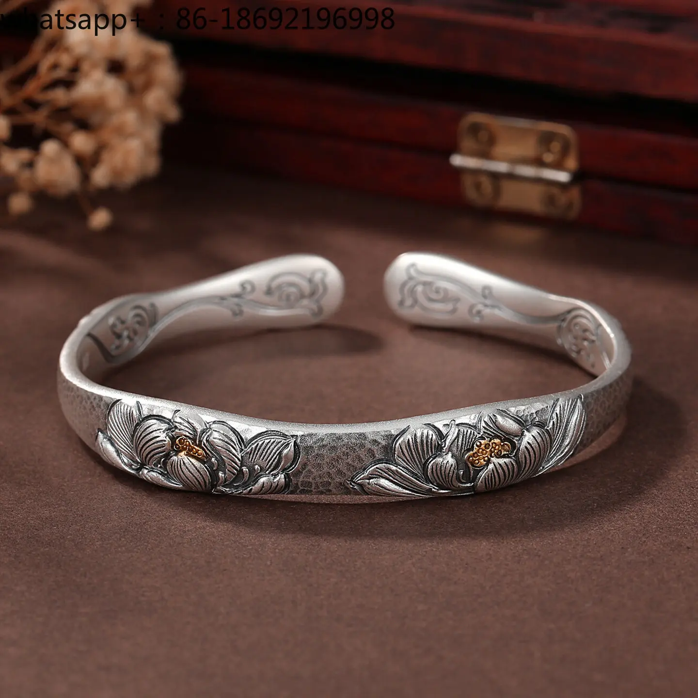 Lotus Silver Bracelet 999 Sterling Silver Women's Opening Solid Guochao Ethnic Style Handmade Embossed Silver Bracelet