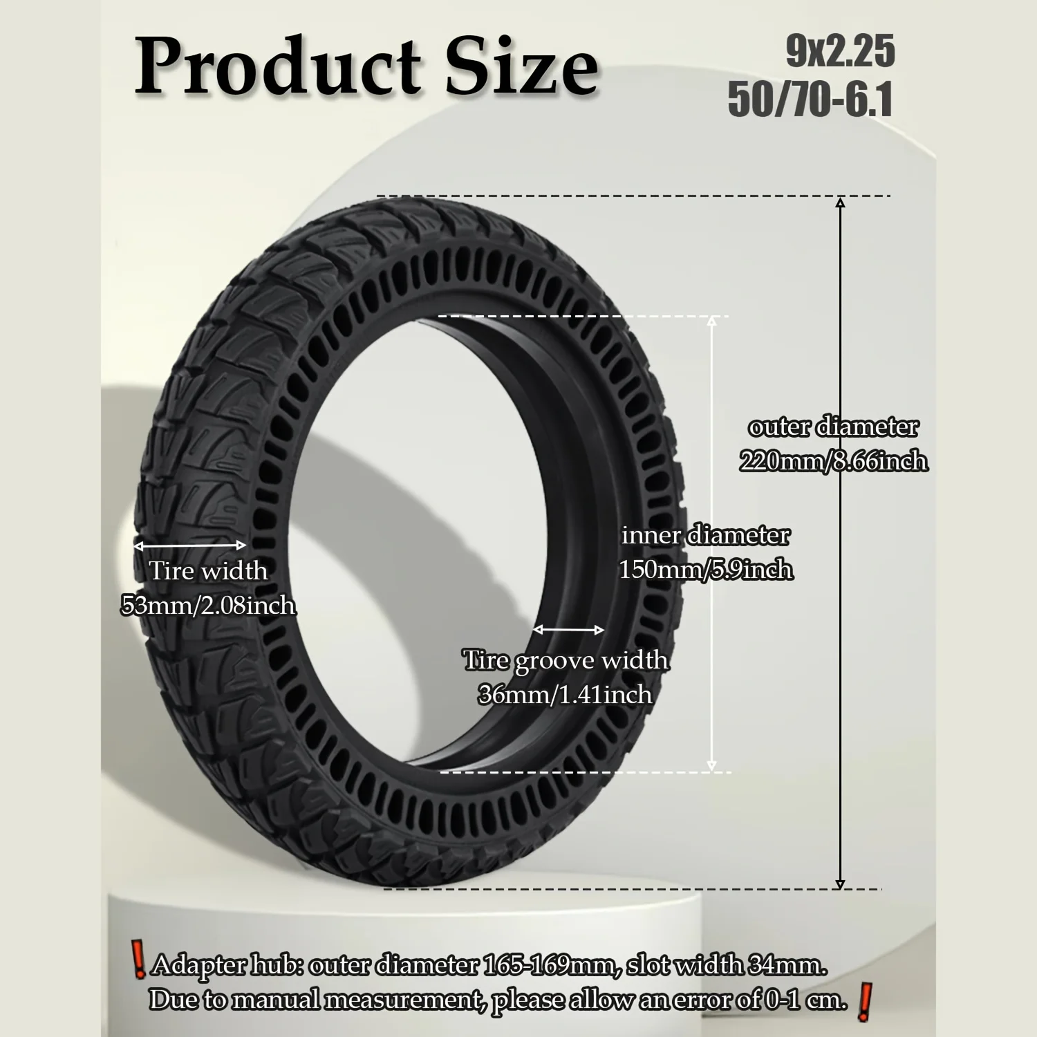 1 × 50/75-6.1 إطار Soocter للطرق الوعرة لـ Gotrax GXL V2 /G3 Plus، Hiboy S2، iScooter i9، Onwheel S9 Pro، إطار صلب 9x2.25 بوصة