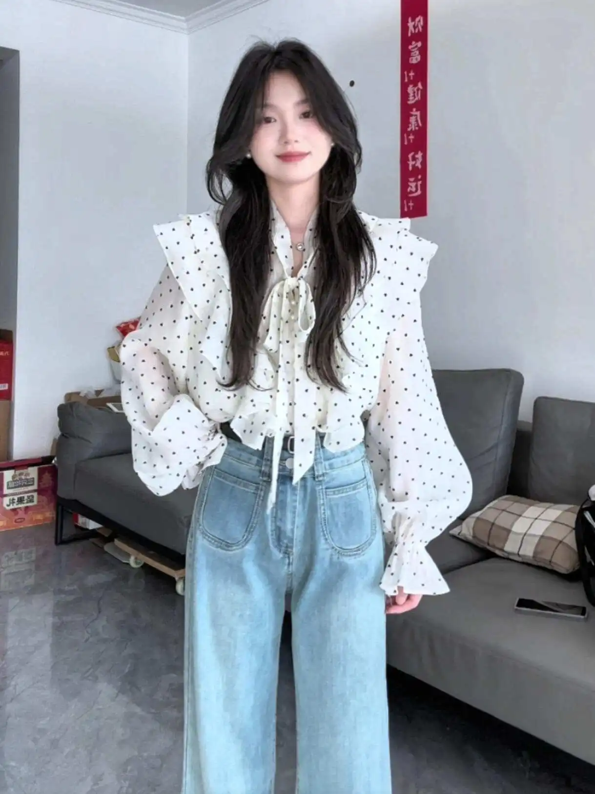 

French Style Long Sleeve Polka Dot Chiffon Shirt Women Spring Autumn 2026 New High-End Lace Hemline Unique Exquisite Top