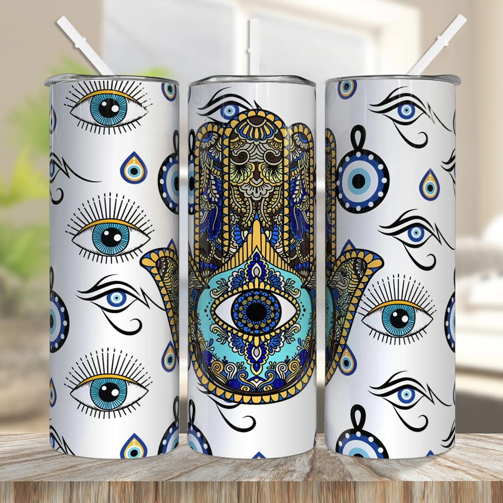 Evil Eye 20oz Skinny Tumbler, Celestial Zodiac Insulated Cup with Lid and Straw, Witch Vibes Tumbler, Summer Winter Drinkware