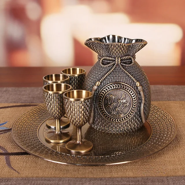 

Metal Wineware 6 Piece Set Wine Glass Flagon Goblet Liquor Shot Glasses Tray Sets Barware Exquisite Gift