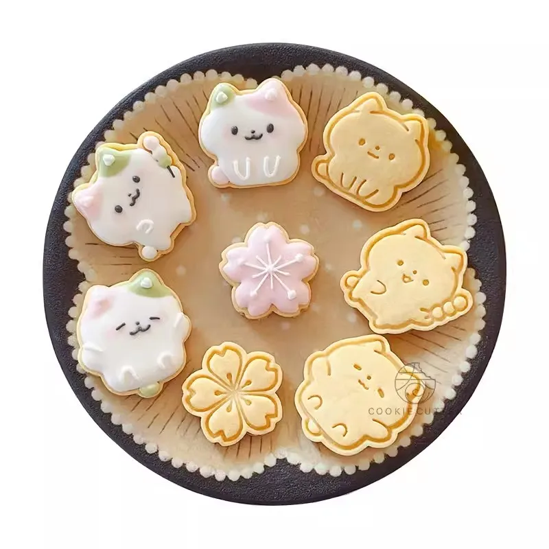 4Pcs/Set Spring Cat Shape Cookie Cutter Japanese Cherry Blossom Biscuit Stamp Fondant Cake Icing Cookie Pastry Baking Tools