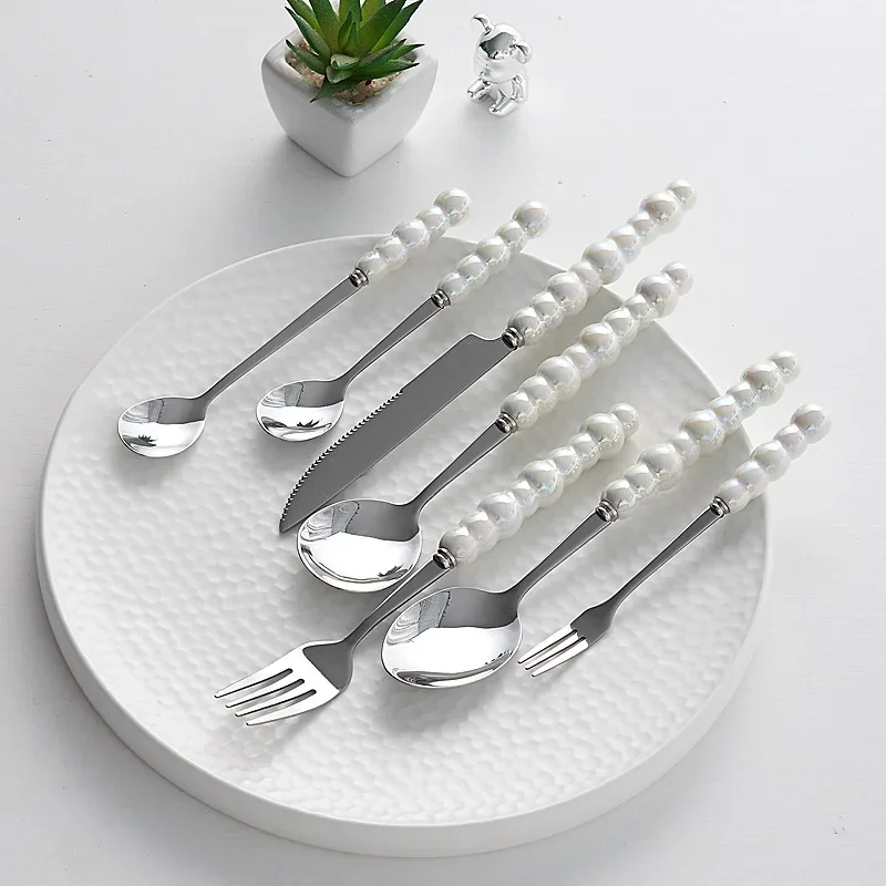 Ceramic Pearl Handle Camping Fork Spoon Western Tableware Dinnerware Set Stainless Steel Cutlery Set Complete Dinner Spoons Bar