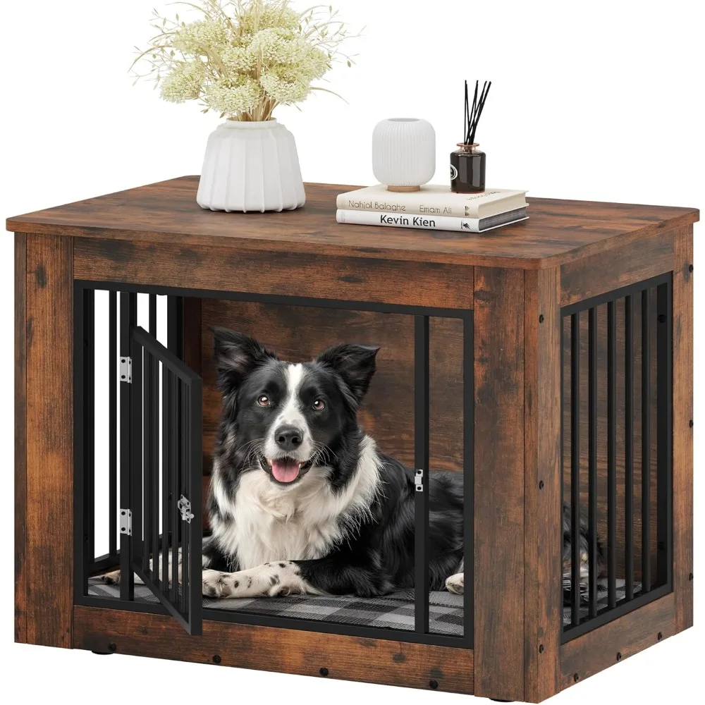 

32.5" L Dog Crate Furniture for Medium Dogs, 2-in-1 Iron-Wood Fusion Dog cage Indoor up to 40 lb, Side End Table, Modern Dogs K