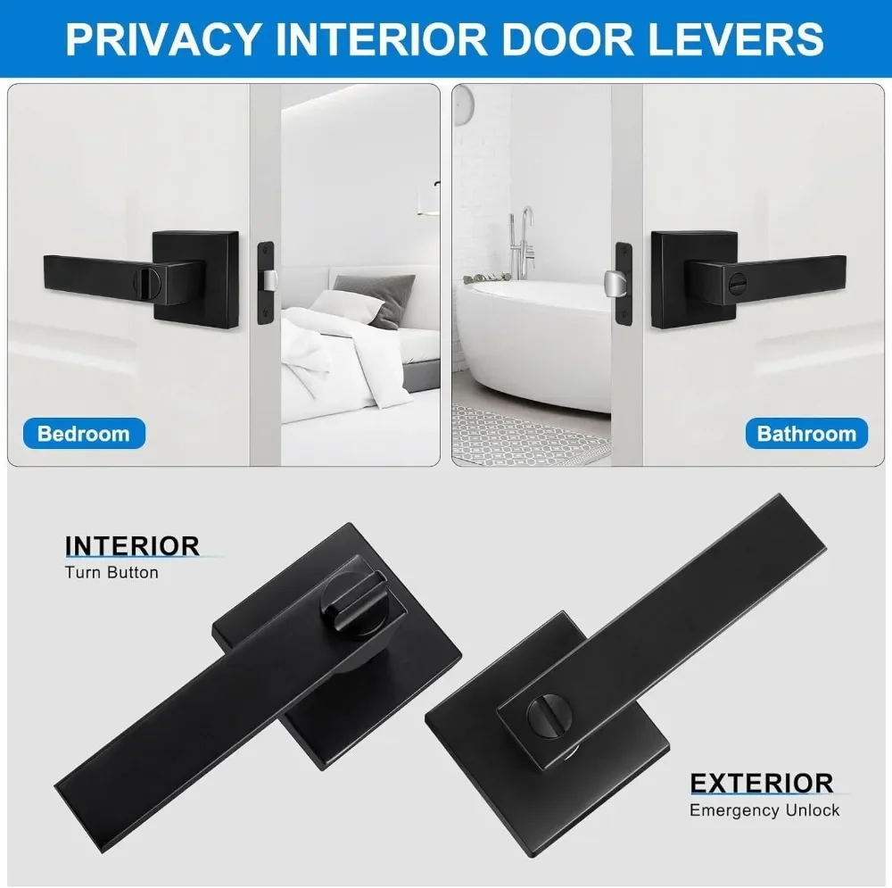 10 Pack Matte Black Door Handles Privacy Door Levers, Heavy Duty Bed and Bath Locks Interior Knobs, Reversible Keyless