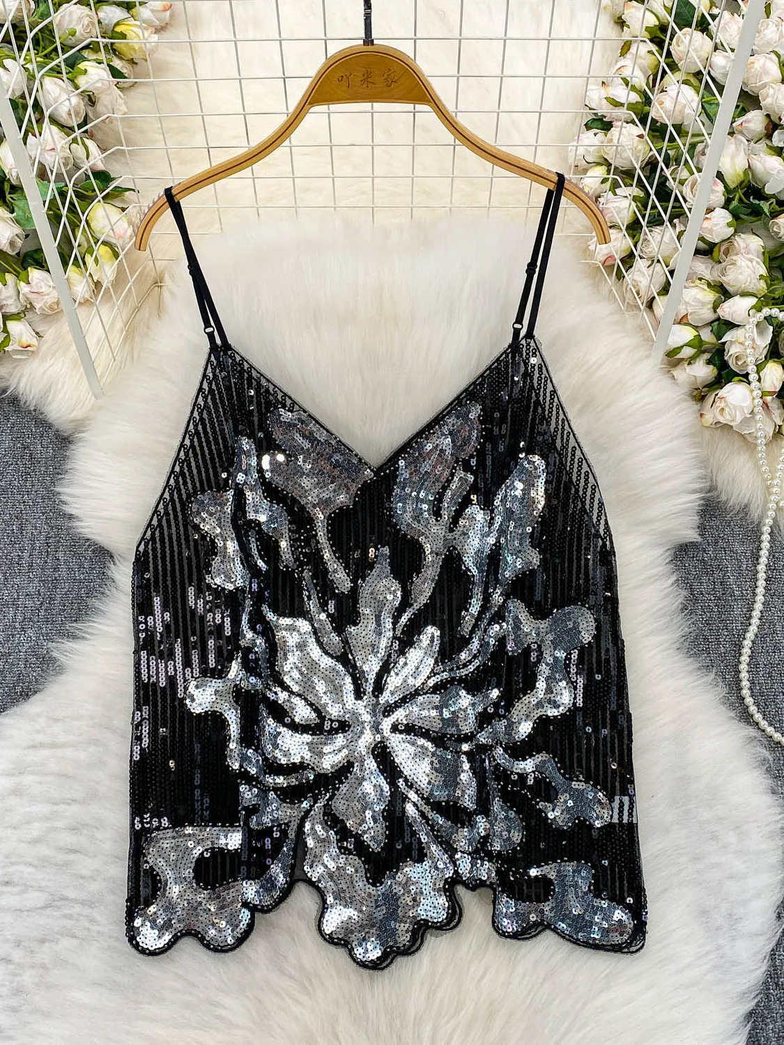 

High Quali Luxury Glitter V-Ne Strap Vest Women's Summer Slimming ort Top Heavy Embelliment Straight Cut Commute Sle