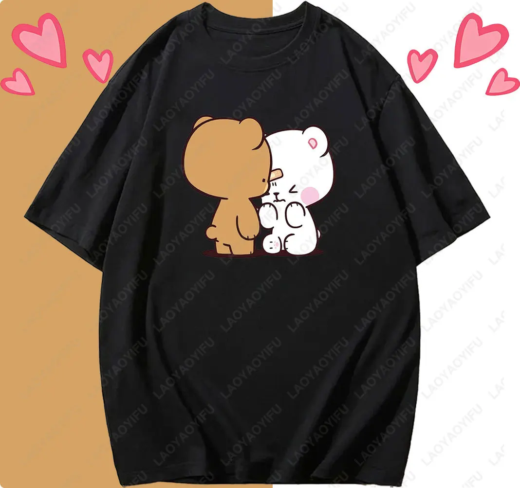 

Забавная хлопковая футболка с милым принтом для пары Мокко, подходящая для него, летняя повседневная одежда для любителей мультфильмов с круглым вырезом ‌ Уличная одежда