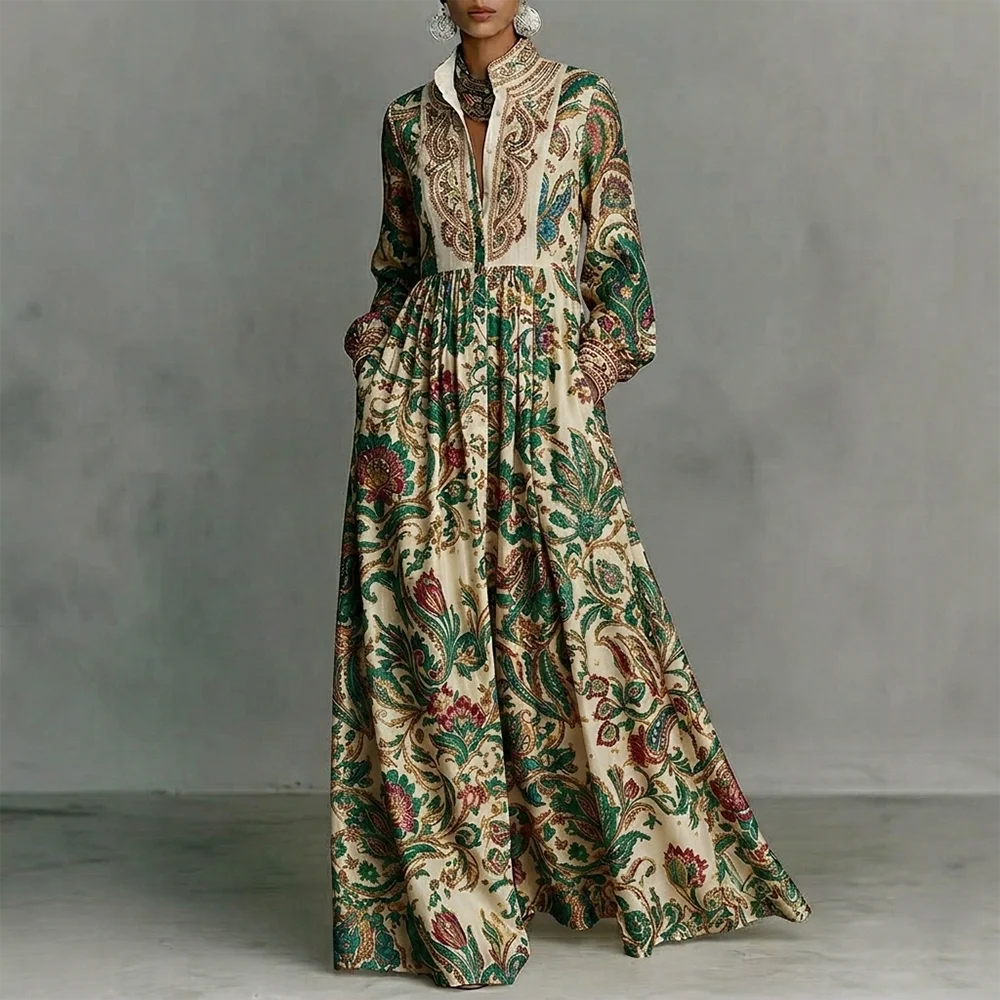 

Women's Chic Bohemian Green Floral Maxi Dress Fashion Stand Collar Long Sleeve Loose Dress With Pockets For Vacation Party