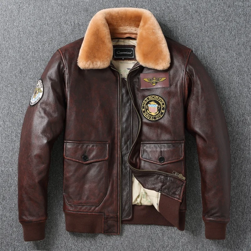 

Genuine leather men's pilot jacket top layer cowhide motorcycle suit made of old stone grinding plus cotton fur collar jacket