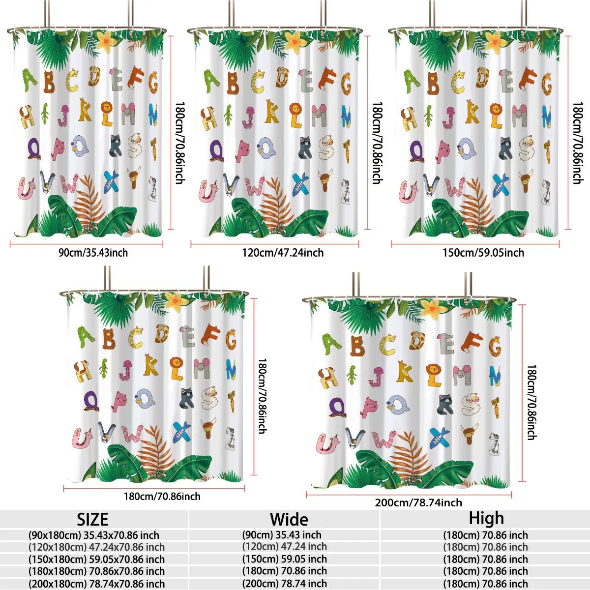 Cute Kids Alphabet Shower Curtain Tropical ABC Jungle Letter Bath Decor Cartoon Waterproof Waterproof Bathroom Curtain Education