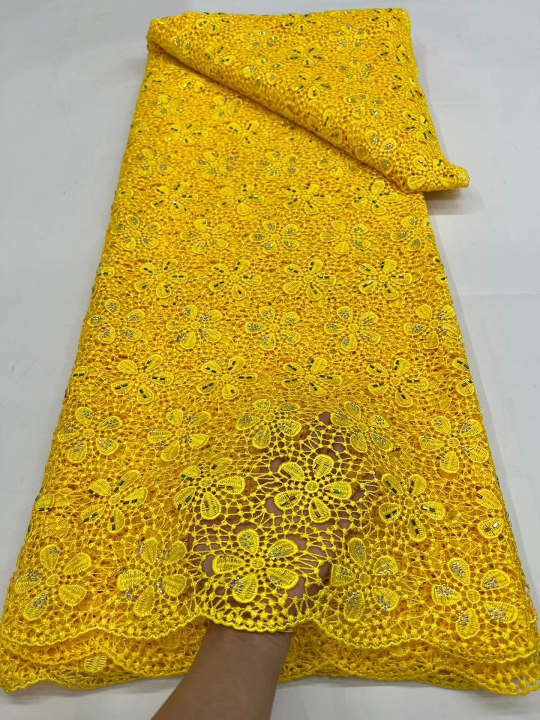 Mustard Golden Orange Guipure Lace Fabric, Floral Openwork Lace with Iridescent Sequins,Scalloped Edge for African Wedding Dress
