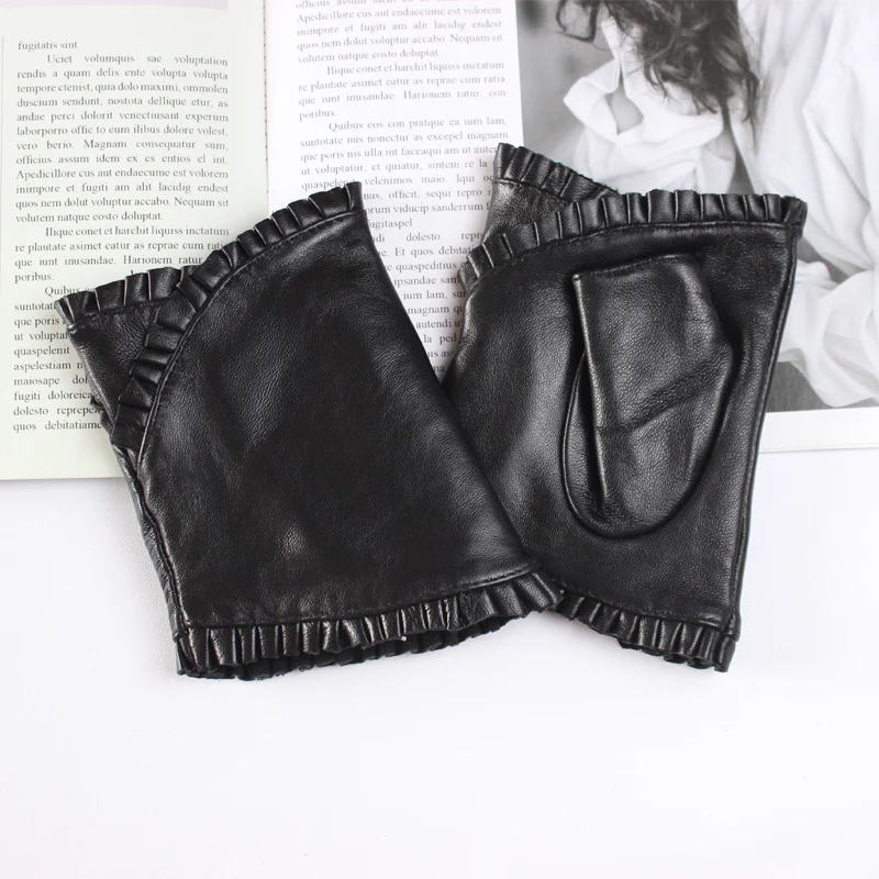 New women\'s Sheepskin Half Finger Gloves Leather Fashion Lace Style Warm Velvet Cool Silk Black Riding Driving Gloves