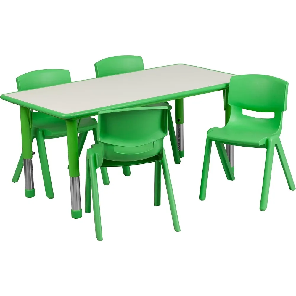 Conjunto de mesa de atividade verde para crianças, parte superior lisa, canto arredondado de segurança, 4 cadeiras, 1 grosso, 23,625 pol x 47,25 pol, 220 lb